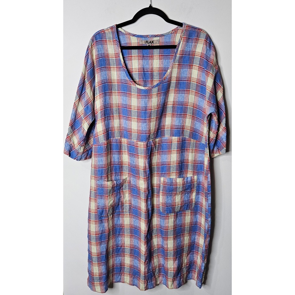 Flax Womens 100% Linen Plaid Lagenlook Shift Dress 3/4 Sleeves Picnic Pockets M